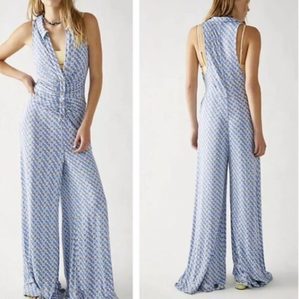 Free People Blue and Cream Patterned Sleeveless Shayla Jumpsuit